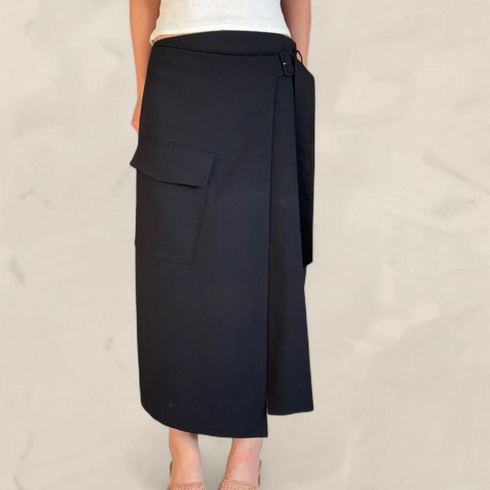 Mango Black Midi Skirt Buckle Wrap Detail size 6